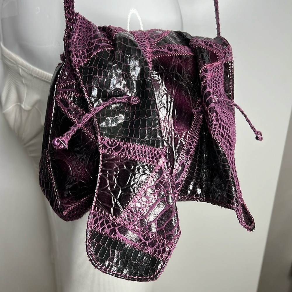 Carlos Falchi Purple and Black Patchwork Croc-Embossed Crossbody